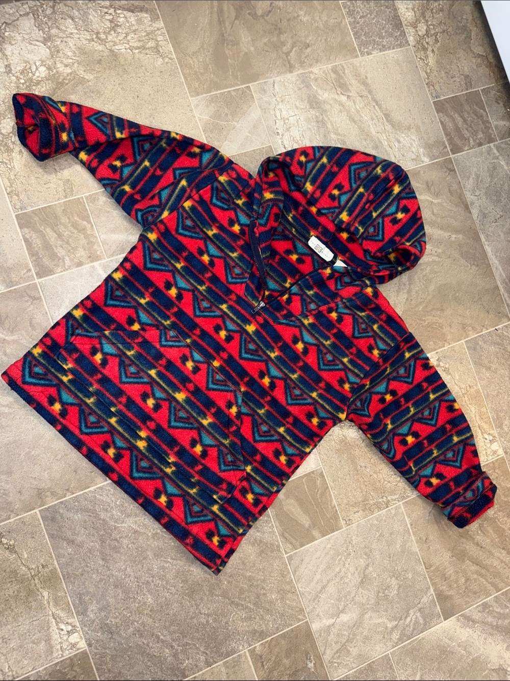 Vintage Two Roads Ladies Hooded Fleece Pullover Jacket - Red Aztec Print M